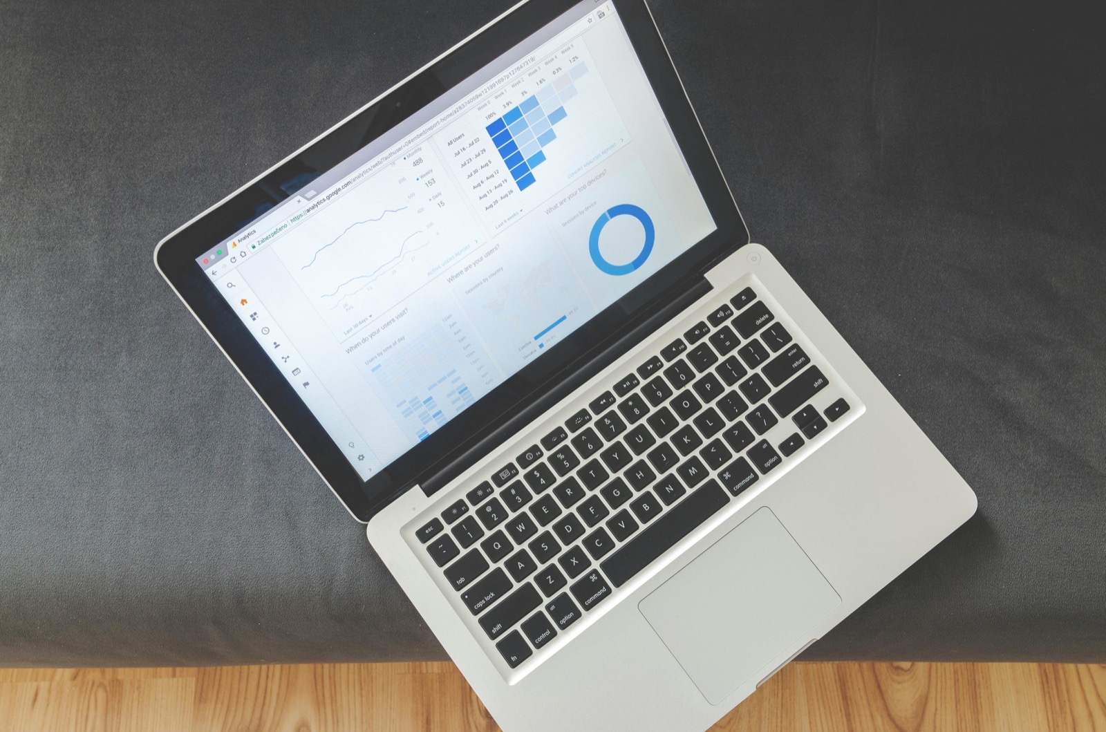 Silver laptop displaying analytics dashboard with blue charts and graphs on gray surface next to wooden table edge