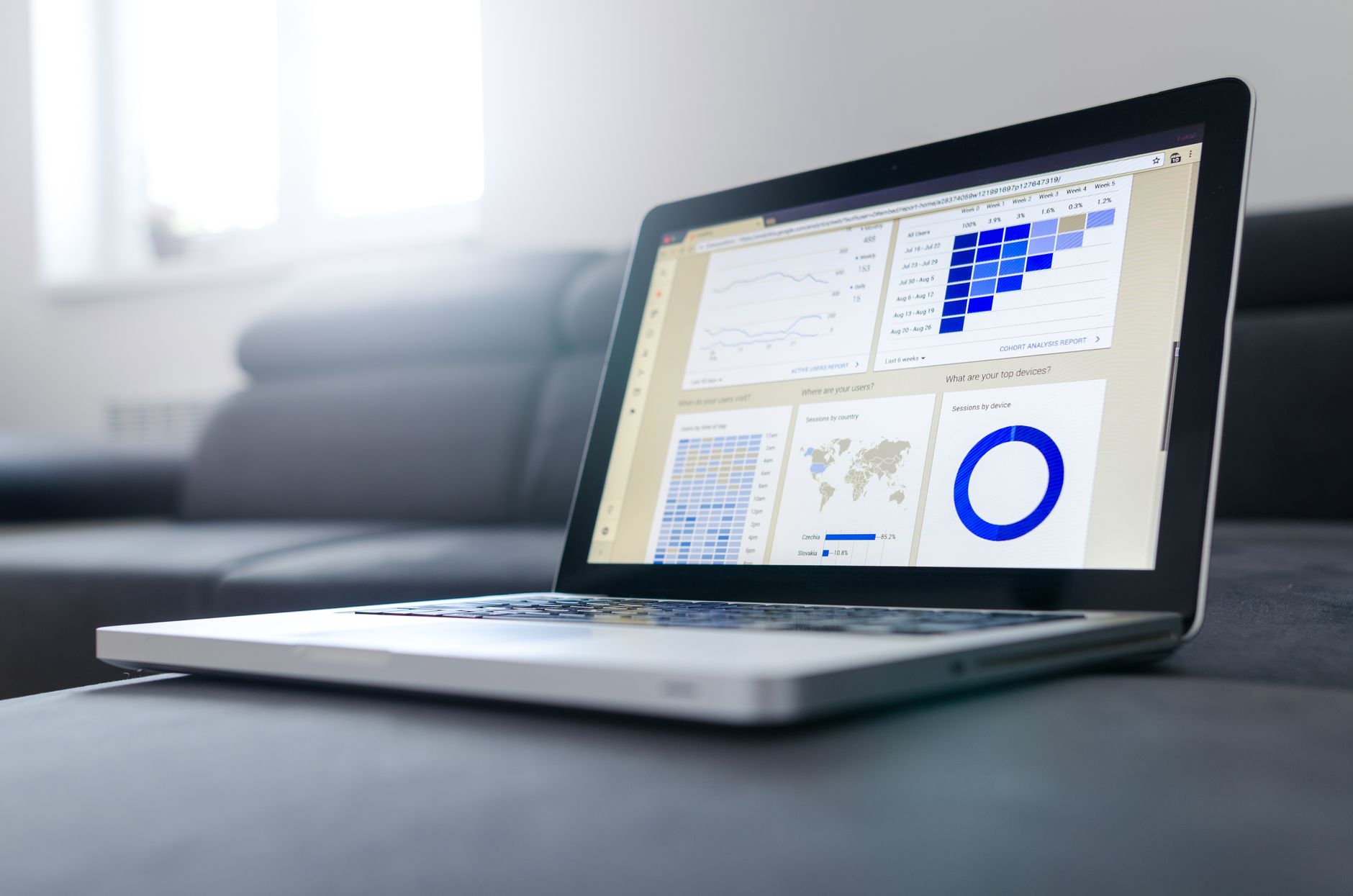 Laptop displaying analytics dashboard with charts, graphs, world map, and blue donut chart on desk near window