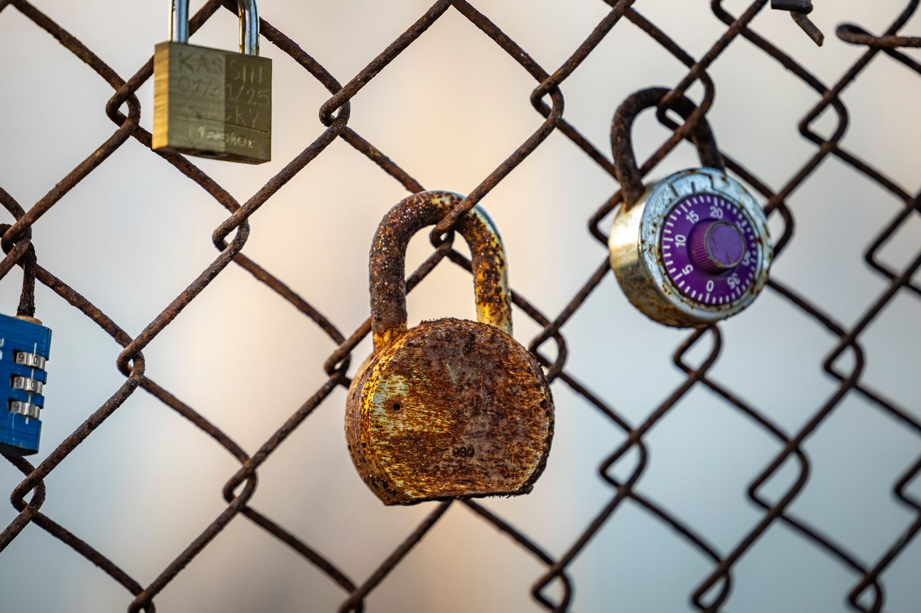 Rusted padlocks hanging on a chain link fence against a cloudy sky