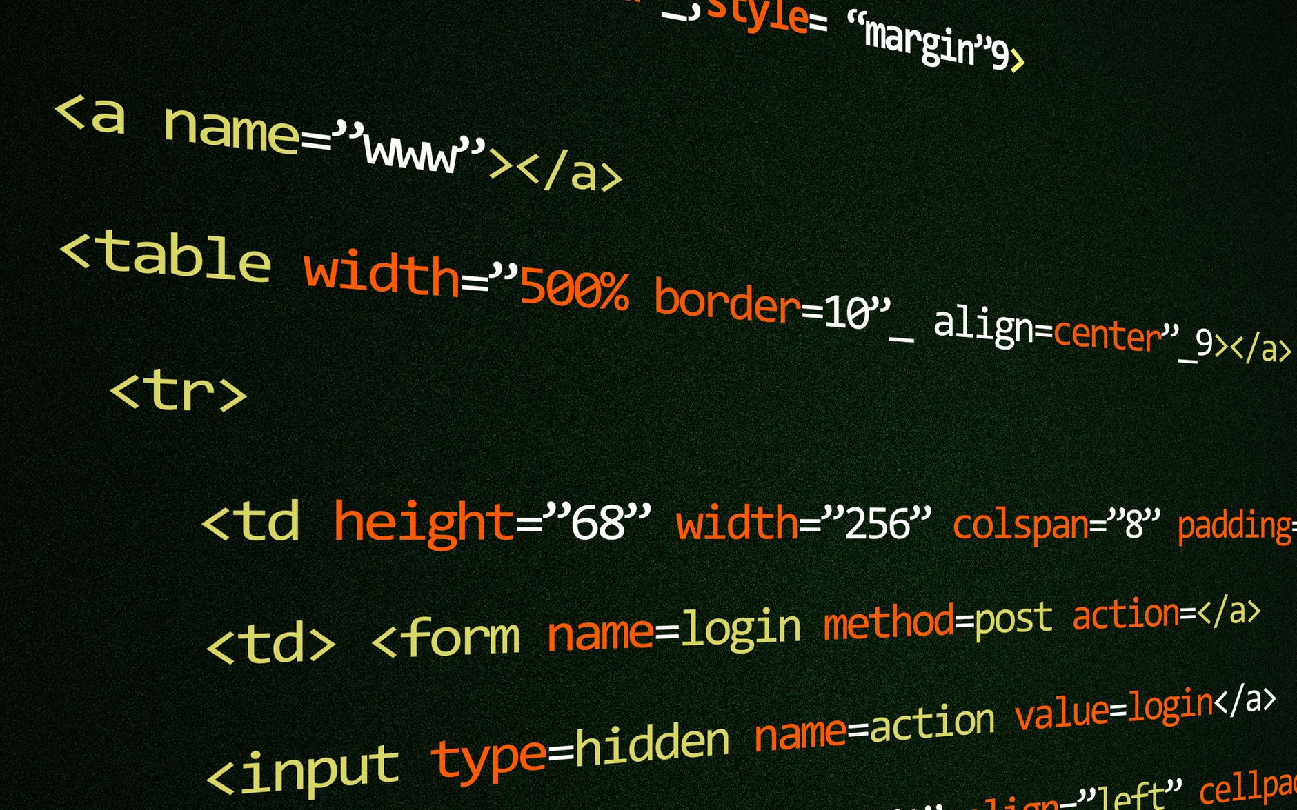 HTML and CSS code displayed on a dark terminal screen with syntax highlighting in yellow and orange text